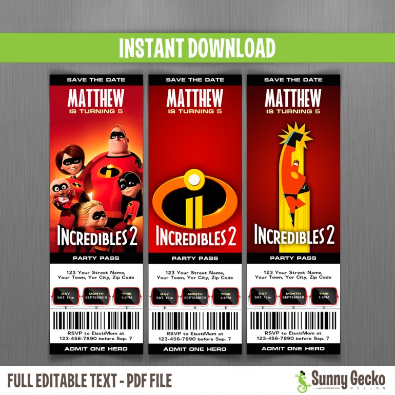 The Incredibles 2 Birthday Ticket Invitations